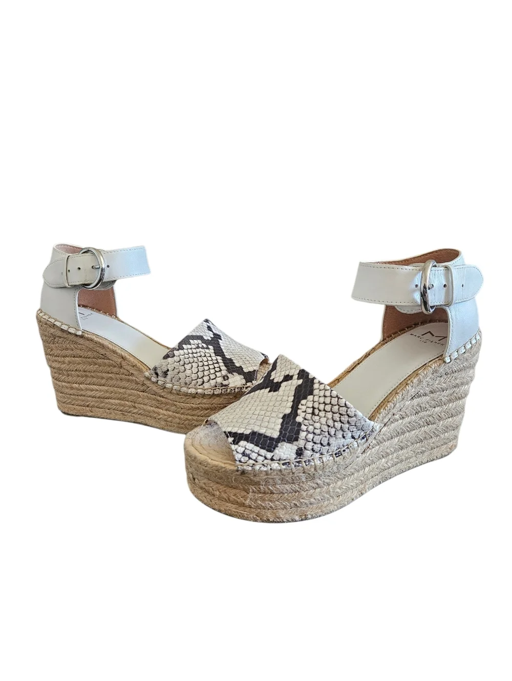 Marc Fisher Alida White Snakeskin Print Leather Espadrille Wedge Sandals Size 8